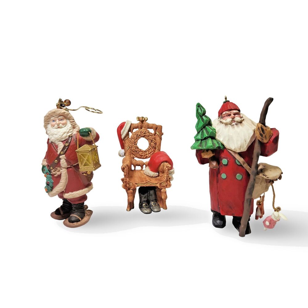 Set 3 VTG Rustic Woodland Santa Ornaments Hallmark Christmas Folk Art + Boxes